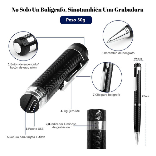 Grabadora De Voz,pluma De Grabación Portátil Tarjeta Sd 16gb