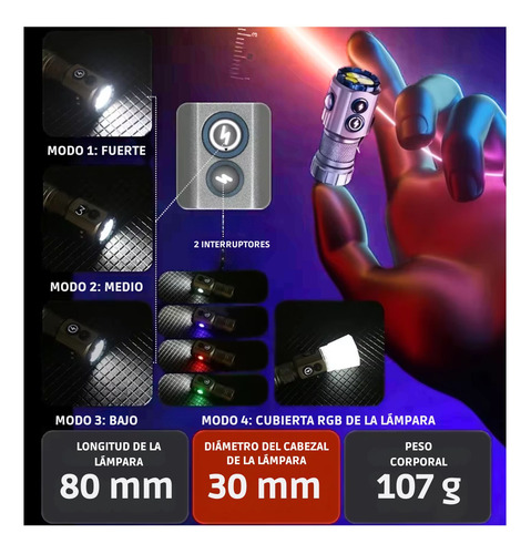 Linterna Led Edc Recargable 2000lm Con Lámpara Rgb Y Clip