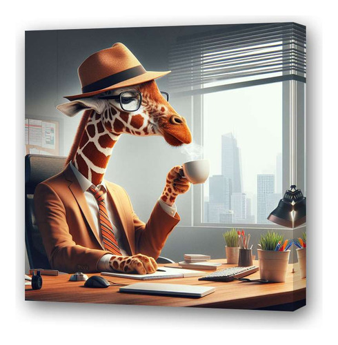 Cuadro 60x60cm Girafa Tomando Un Cafe En Su Trabajo