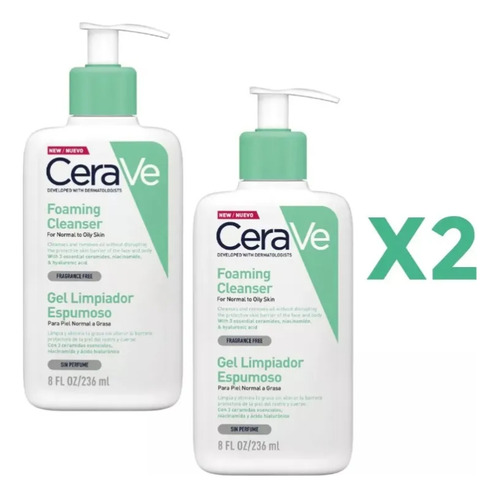 2 X Gel Limpiador Espumoso Cerave Piel Normal A Grasa 236 Ml Normal Día/noche