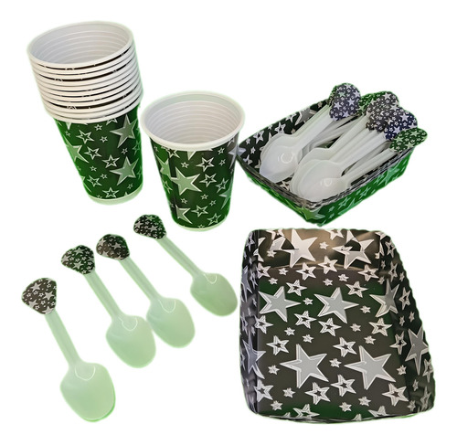 Kit Estrella Plata Vasos+bandejas+curbierto 24invitados F/n