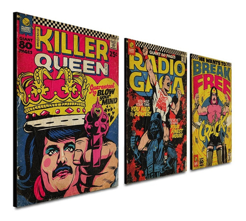 Cuadros Decorativos - Triptico Queen Band - Comic Vintage 2