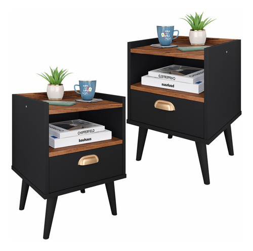 Mesa De Cabeceira Estilo Retrô Imediato Cor Preto / Freijo