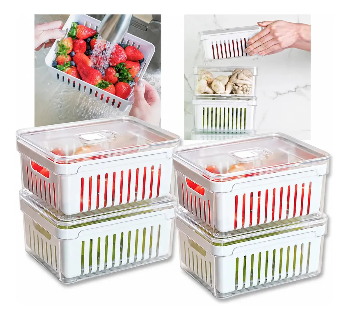 Kit 4 Organizadores Geladeira Acrílico Transparente 2,2L Clear  Fresh Cestos Organizadores De Geladeira Frutas Verduras Salada
