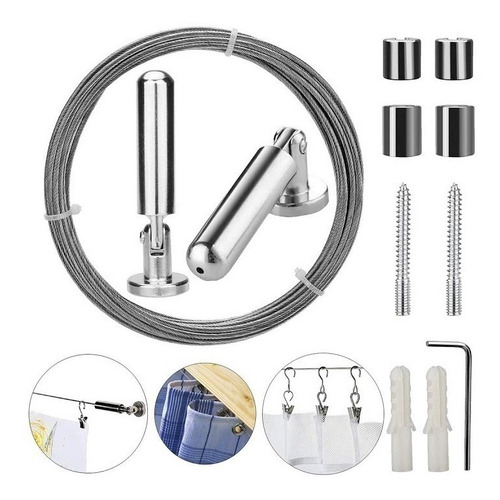 Imagen 2 de 10 de Kit Barral Tensor Cable De Acero Inoxidable Para Cortina