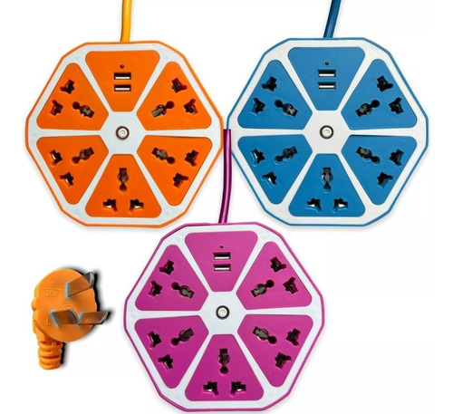 Imagen 2 de 6 de Zapatilla Alargue Hexagonal Universal 5 Tomas + 2 Usb 1.5mts