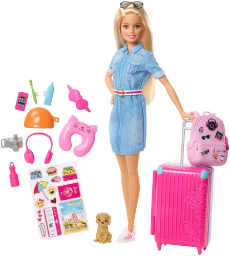 Barbie Rubia Juego De Viaje Cachorro Equipaje Y Accesorios