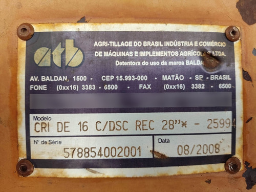 Grade De Arado Baldan 16 Discos De 28 Polegadas Ano 2008.