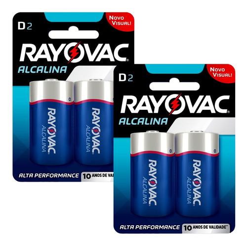 04 Pilhas D Grande Lr20 Alcalina Rayovac 02 Cart C/ 2 Unid