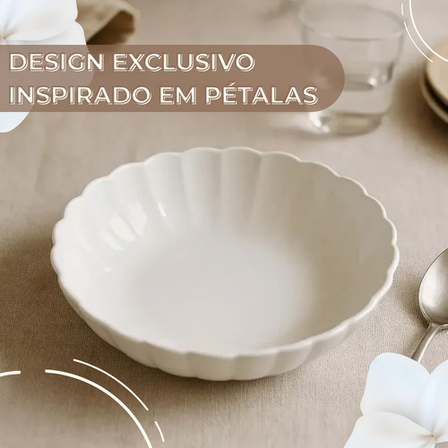 Jogo 6 Pratos Fundos Flora Camelia 20cm Porcelana Oxford Branco Liso Com Alto Relevo
