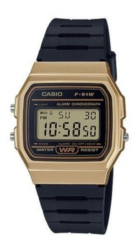 Reloj de pulsera Casio Collection F-91WG-9QDF-SC de cuerpo color dorado, digital, para hombre, fondo dorado, con correa de resina color negro, dial negro, minutero/segundero negro, bisel color negro y hebilla simple