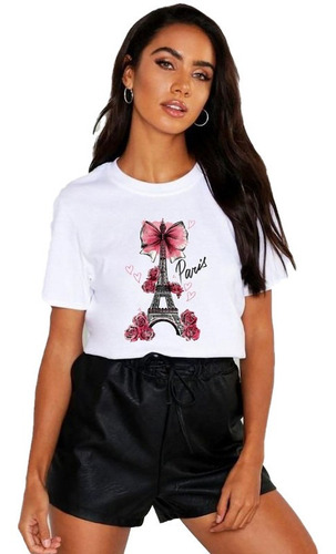 Polera Dama Estampada 100%algodon Paris Torre Eiffel 1