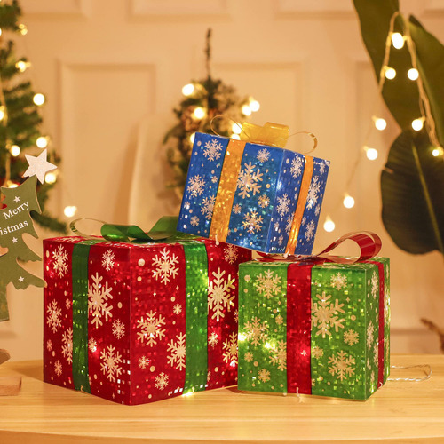 Caja Decorativa Navideña Luminosa De Hierro P, 3 Unidades, S