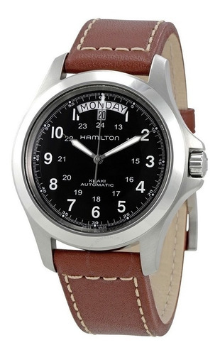 Reloj pulsera Hamilton King auto con correa de cuero color marrón - fondo negro - bisel acero