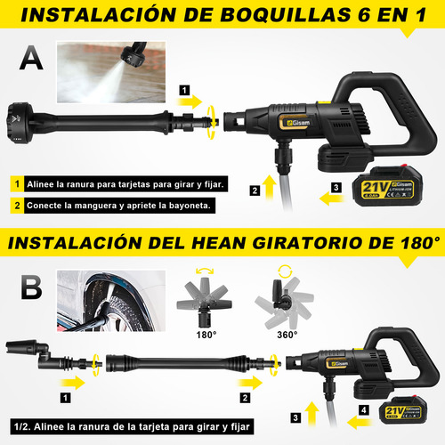 Hidrolavadora Inalambrica C/ 6 En 1 Boquilla Motor Sin Escobillas GISAM P3717 2610 Psi Color Negro