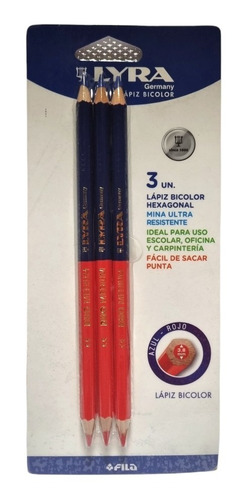 Pack 3 Lapices Exagonal Bicolor Rojo/azul Lyra