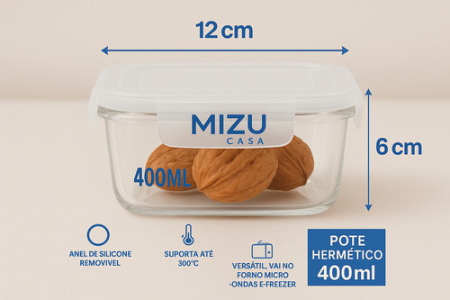 Kit 4 Potes 400 Ml Vidro Hermético 4 Travas Marmita Retangul