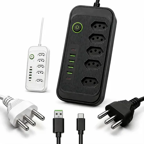 Extensão Elétrica 5 Tomadas 6 Usb 2500w Régua Bivolt Cabo 2m Preto