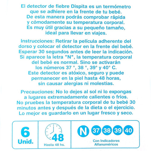 Detector De Fiebre Termómetro Frente Bebé X 6 Unidades 48hs