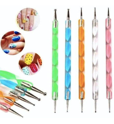 Set X 5 Pinceles Dotting Decoración De Uñas Puntero Nail Art
