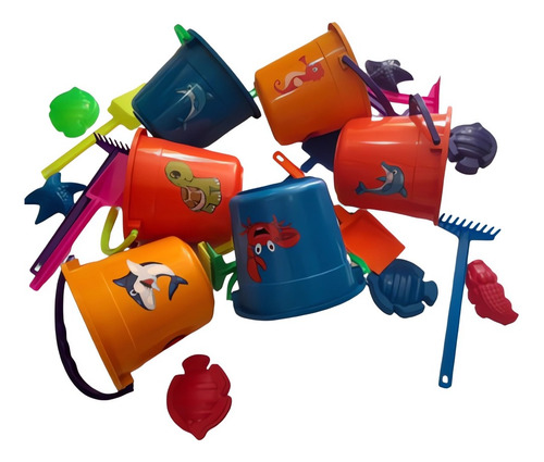 8 Juegos De Playa Cubeta Estampada,palas, Figuras Mar, Arena