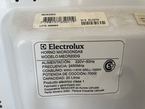 Horno Microondas Electrolux 20 L Casi Sin Uso (Usado)