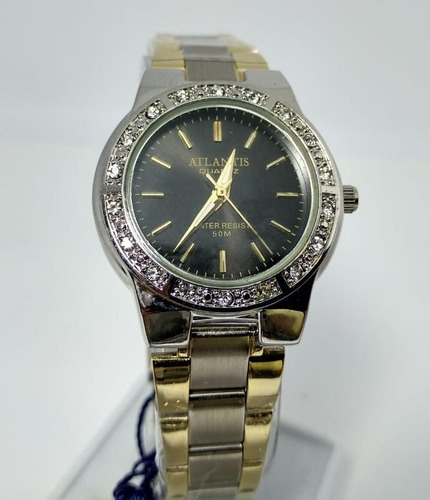 Relógio Prata Fundo Preto Com Strass Atlantis - W3261