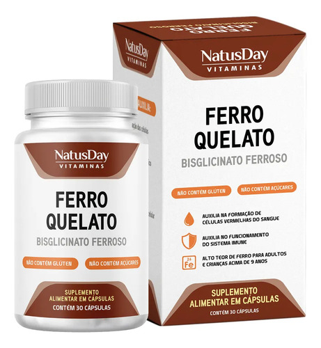 Suplemento Ferro Quelato - 30 Cápsulas - Natusday Sabor Sem Sabor