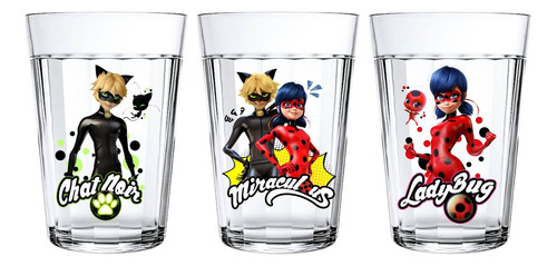 3 Copos De Vidro Temáticos Lady Bug & Cat Noir 190ml Cor Transparente/miraculous