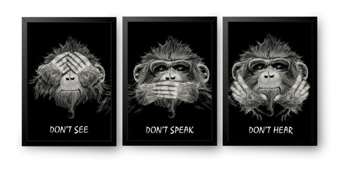 Quadro Decorar 3 Macacos Sábios Boca Ouvidos Olhos Fechados