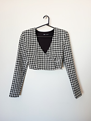 Blazer Zara Cuadrillé Blanco Y Negro, Talle Xs/s