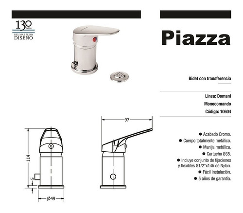 Imagen 5 de 6 de Combo Griferia Baño Piazza Domani Monocomando Lav Bide Ducha