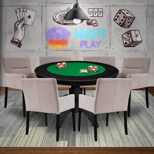 Mesa Jogos Montreal Preto Com 6 Cadeiras Nude - Gran Belo