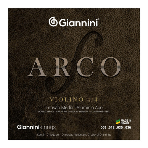 Kit con 04 juegos de cuerdas Giannini para violín 4/4 de la serie Arc