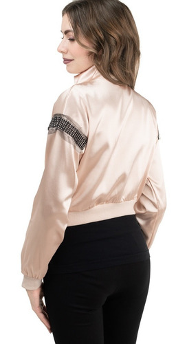 Imagen 2 de 8 de Chamarra Bomber Sport Satin Liso Pedrería Juvenil Sexy Glam.