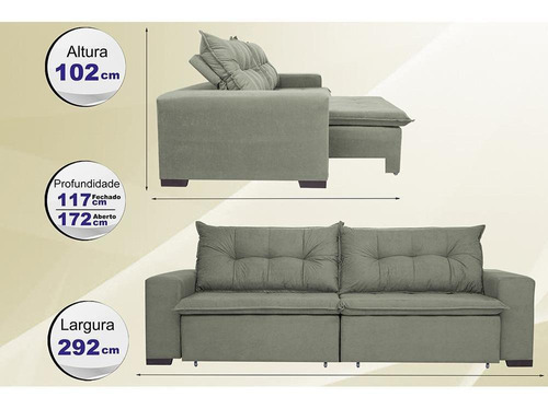 Sofá Austrália 2,92 Mts Retrátil, Reclinável Com Molas e Pillow no Assento Tecido Suede Cinza - Cama InBox