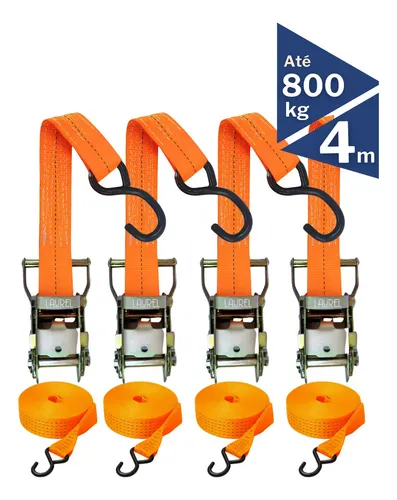 Kit 4 Cintas Catraca 4m 800kg Poliéster Trançado Ultra Resistente Gancho Emborrachado Transporte Seguro Cargas Caminhão Mudança Moto - R$ 49
