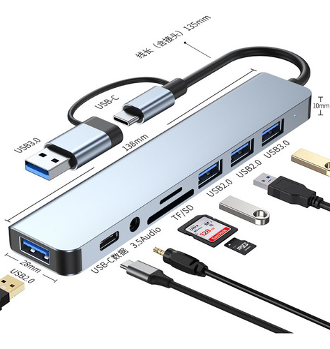 Hub USB-C 8 em 1 - Extensor com Leitor de Cartão SD/TF, Compatível com mac,windows e Outros Dispositivos | extensor usb | usb hub
