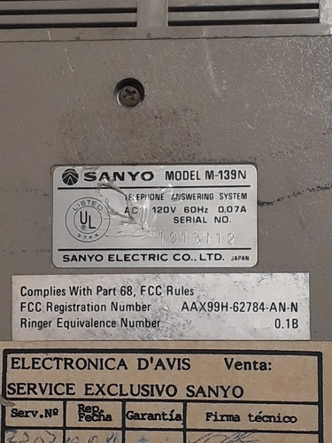 Antiguo Contestador Telefonico Sanyo M-139n Funcionando