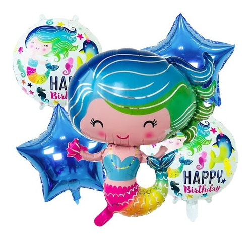 Set Globos: Sirena 60cm + 2 Estrellas + 2 Redondos 5 Pz