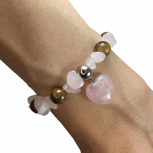 Pulsera De Cuarzo Rosa Y Ojo De Tigre. Corazón Cuarzo Rosa