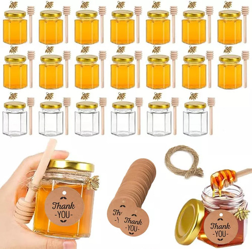 Mini Tarros Hexagonales De Miel De Vidrio 45 Ml, 20 Tarros