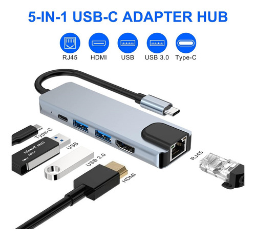 Hub 5 En 1 Usb C Usb 3 Hdmi 4k Pd Lan Rj45 Gigabit 1000mbps