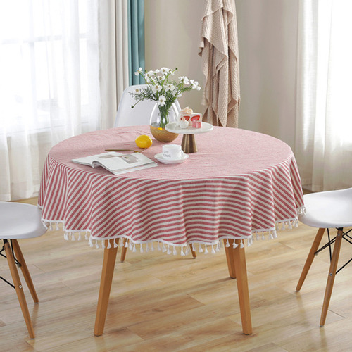 Mantel Redondo A Rayas Con Borla, Mantel De Comedor