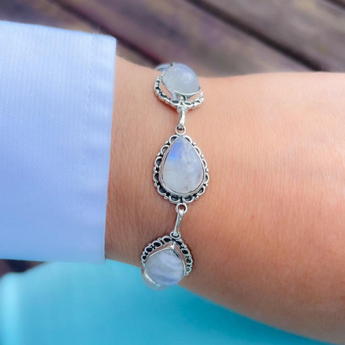 Pulseira Gotas Pedra Da Lua Natural Prata 925