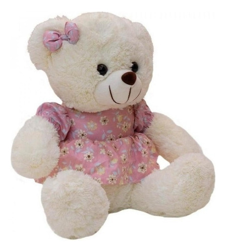 Bichinho De Pelúcia Ursa 30cm Ursinha De Vestido Rosa Menina Cor Branco