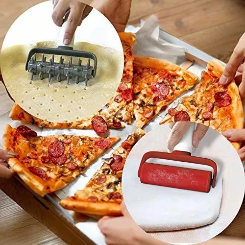AooBaBa 4 Pieces Pizza Tools Set Incl Dough Cutter Roller Docker and Pizza Cutter Wheel, Pastry Pizza Pie Roller Rolling Pins and Time-Saver Pizza