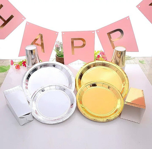 Set Platos Metalicos Carton Vasos Pitillos Suministro Fiesta
