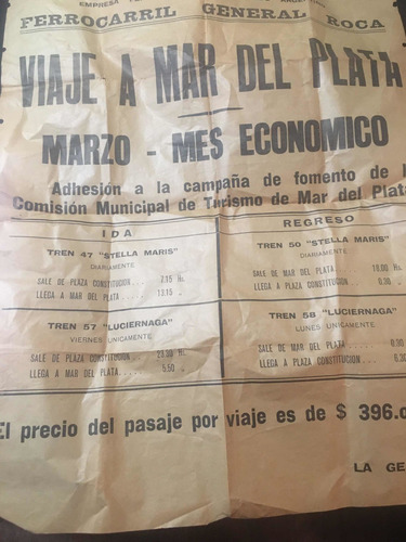 Poster Publicidad Viaje A Mar Del Plata Ferrocarril Gralroca