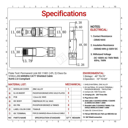 Conector Ampcom Stp Cat7 Rj45, Conector De Terminal Modular.